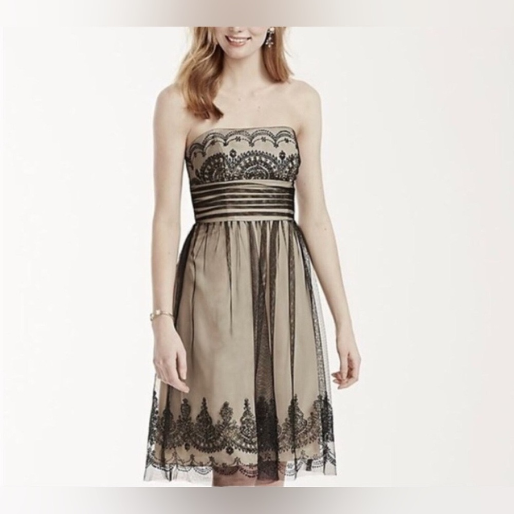 David’s Bridal Black Tulle and Tan Illusion Strapless Cocktail Dress US 6
